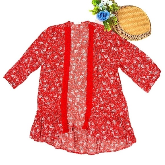Maurices Red Floral Crochet Trim Open Front Peplum Hem Kimono Size Large - Picture 5 of 16